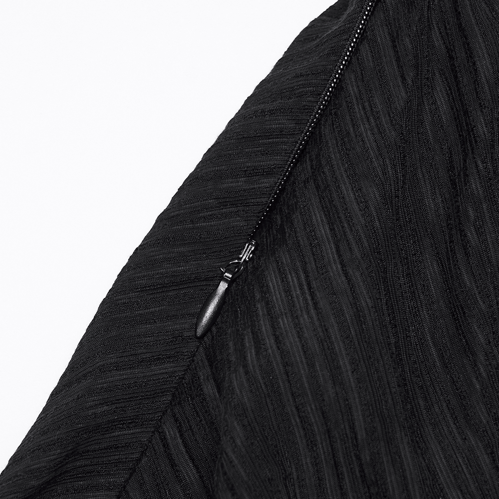 Alt Tag: Black Gothic Maxi Dress with Lace V-Neck and Ruffle Sleeves close-up of black fabric texture with hidden zipper detail