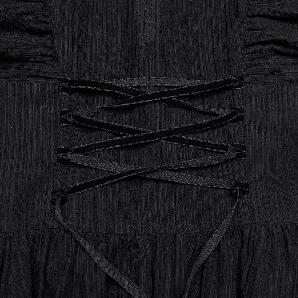 Alt Tag: Black Gothic Maxi Dress with Lace V-Neck and Ruffle Sleeves close-up of black corset lace-up back detail
