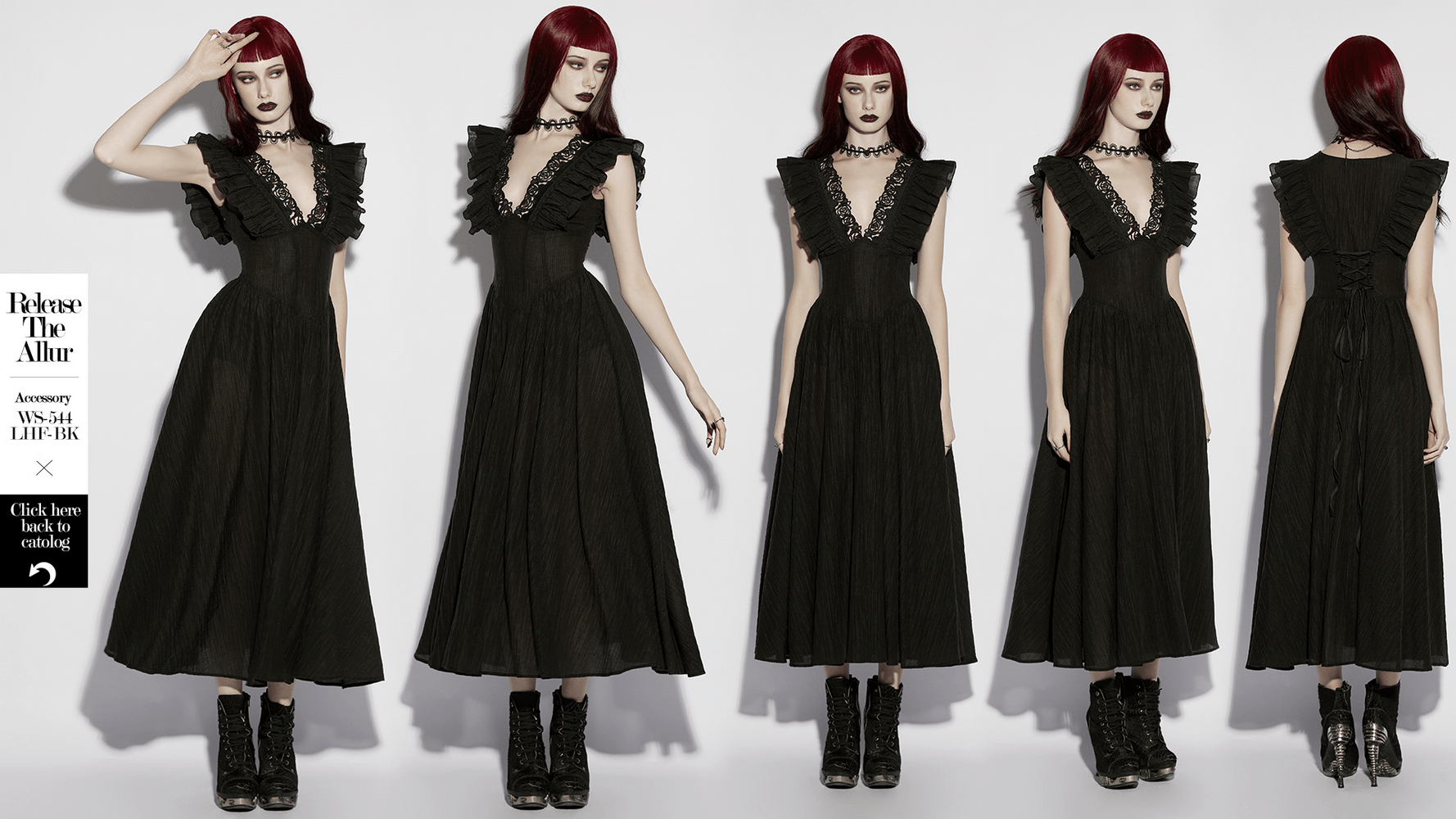 Alt Tag: Black Gothic Maxi Dress with Lace V-Neck and Ruffle Sleeves shown front, side and back views on model