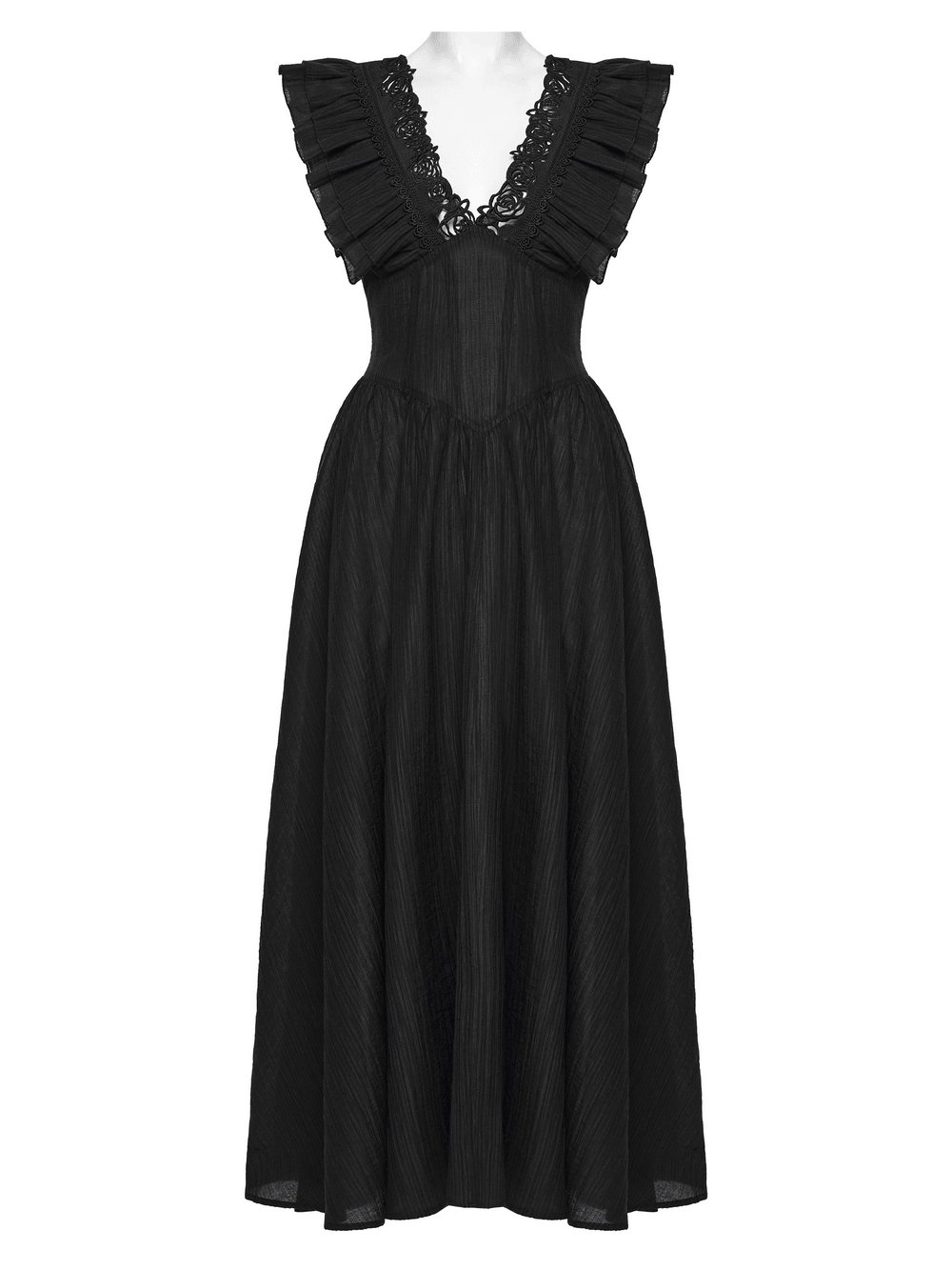 Alt Tag: Black Gothic Maxi Dress with Lace V-Neck and Ruffle Sleeves, black lace V-neck maxi dress with ruffled sleeves