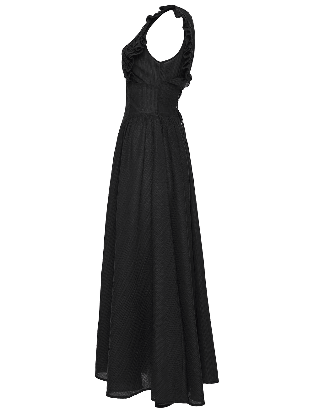 Alt Tag: Black Gothic Maxi Dress with Lace V-Neck and Ruffle Sleeves black floor-length gown product photo, elegant gothic vibe