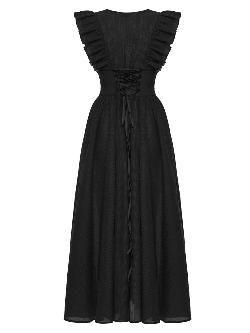 Alt Tag: Black Gothic Maxi Dress with Lace V-Neck and Ruffle Sleeves, black floor-length gown with lace-up bodice and ruffle straps