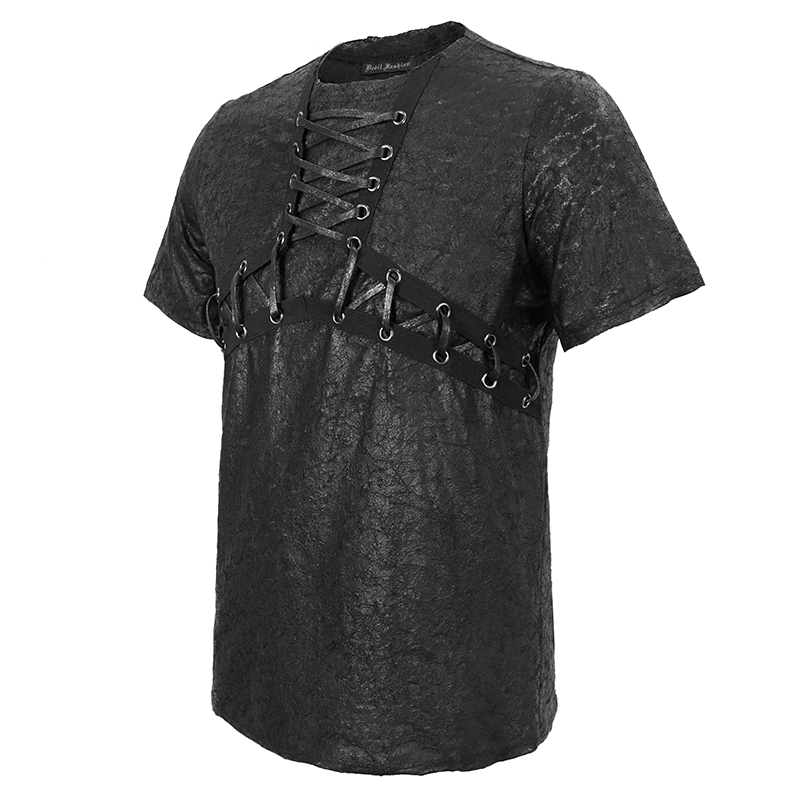Black gothic men's slim fit T-shirt featuring lace-up neckline and bust for a stylish punk look.