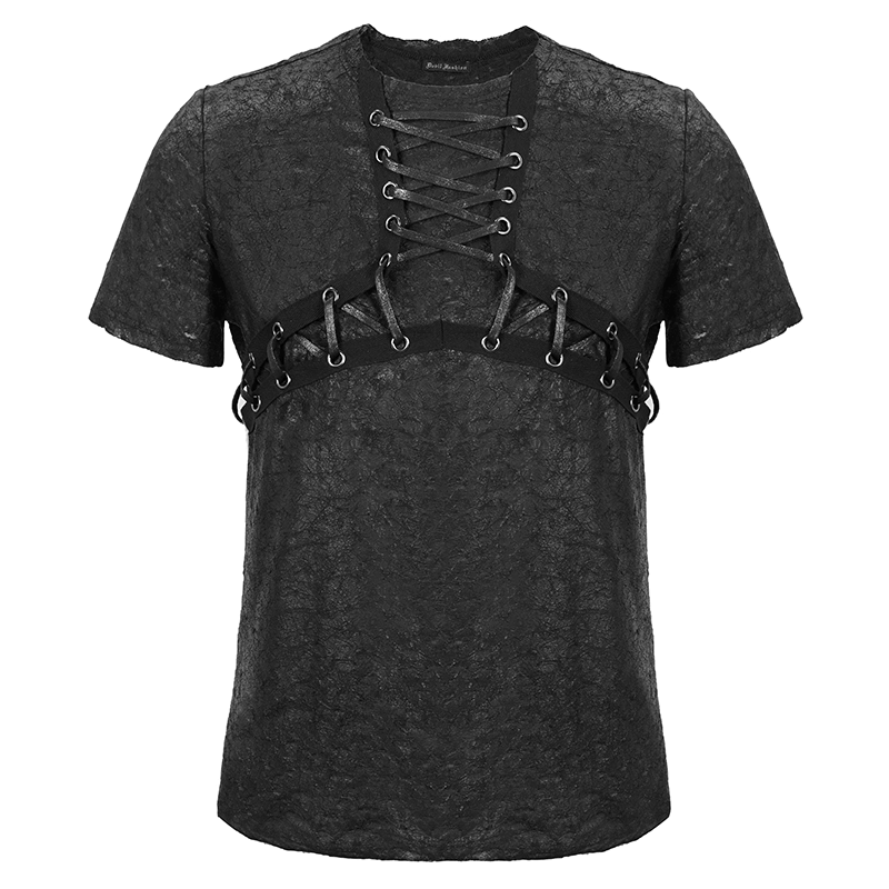 Black Gothic men's slim fit t-shirt with lace-up neckline, showcasing edgy punk style and attention-grabbing drawstrings.