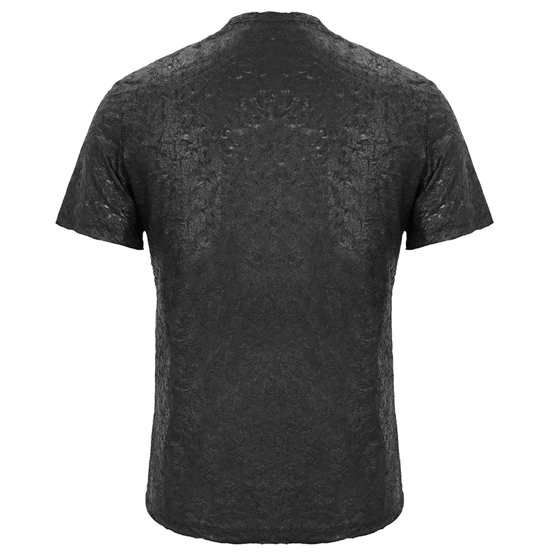 Back view of a black gothic men's slim fit T-shirt, featuring textured fabric and a stylish design.