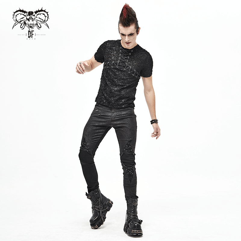 Black gothic men's slim fit t-shirt with lace-up neckline, stylishly worn with black pants and boots, perfect for punk fashion.