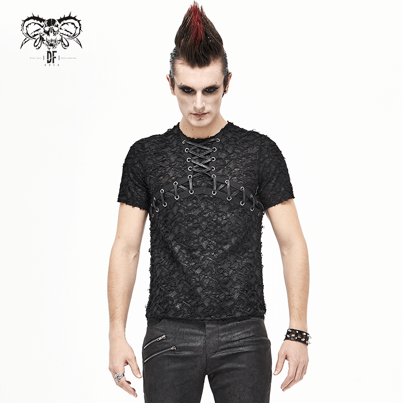 Men's black gothic slim fit t-shirt with lace-up neckline, perfect for punk motorcycle style.