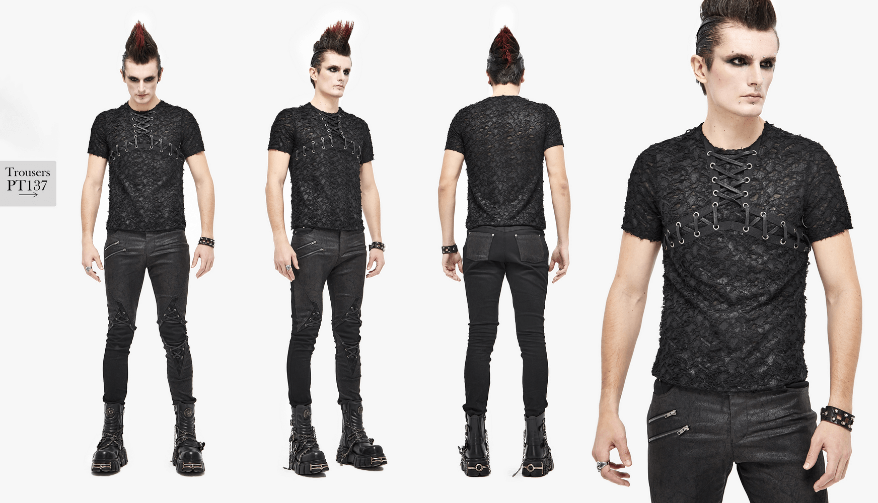 Men's black gothic slim fit t-shirt featuring lace-up neckline, paired with stylish black pants for a punk look.