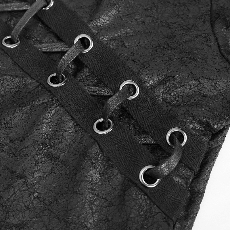 Close-up of gothic lace-up detailing on a black slim fit men's T-shirt, showcasing its edgy style.