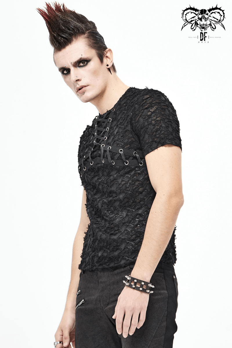 Stylish black gothic men's slim fit T-shirt with lace-up neckline, perfect for punk motorcycle fashion.