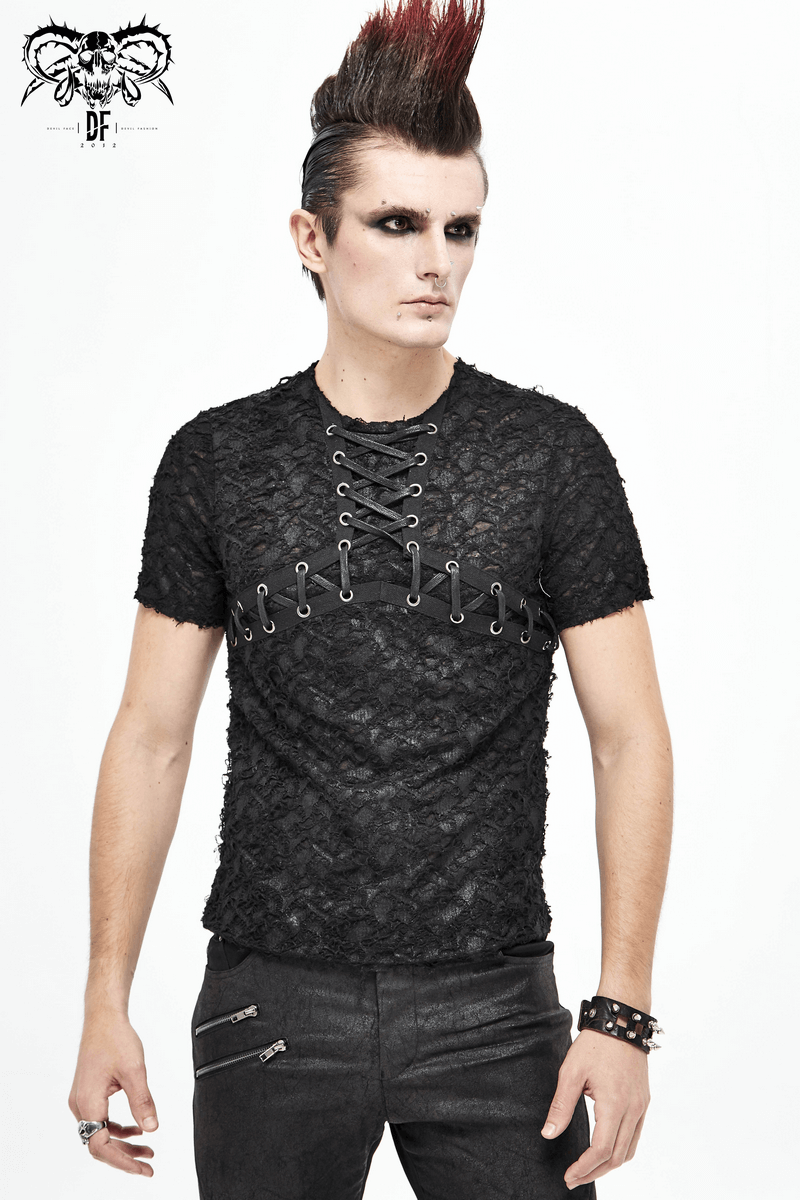 Stylish black gothic men's slim fit T-shirt with lace-up neckline, perfect for punk fashion lovers.