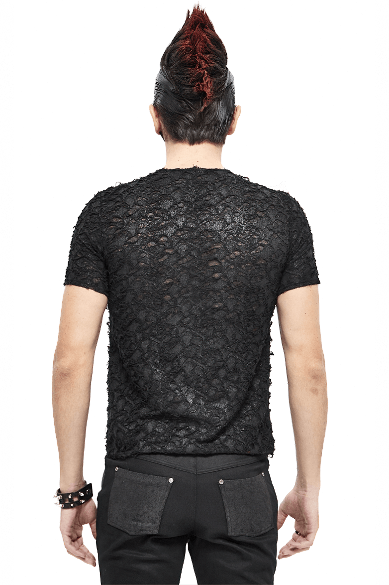 Back view of a man in a black gothic slim fit T-shirt with lace details, showcasing a punk style and unique design.