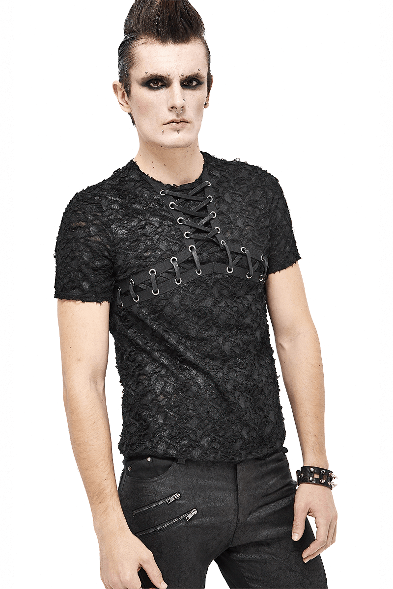 Men's black gothic slim fit t-shirt with lace-up neckline, styled for motorcycle punk fashion.