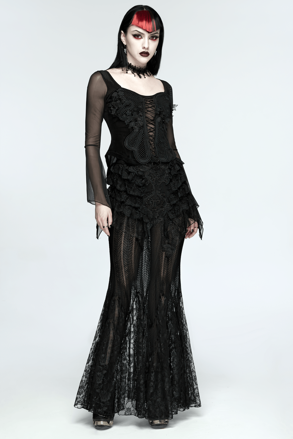 Black Gothic Mermaid Lace Maxi Skirt with Ruffles worn by model dramatic look