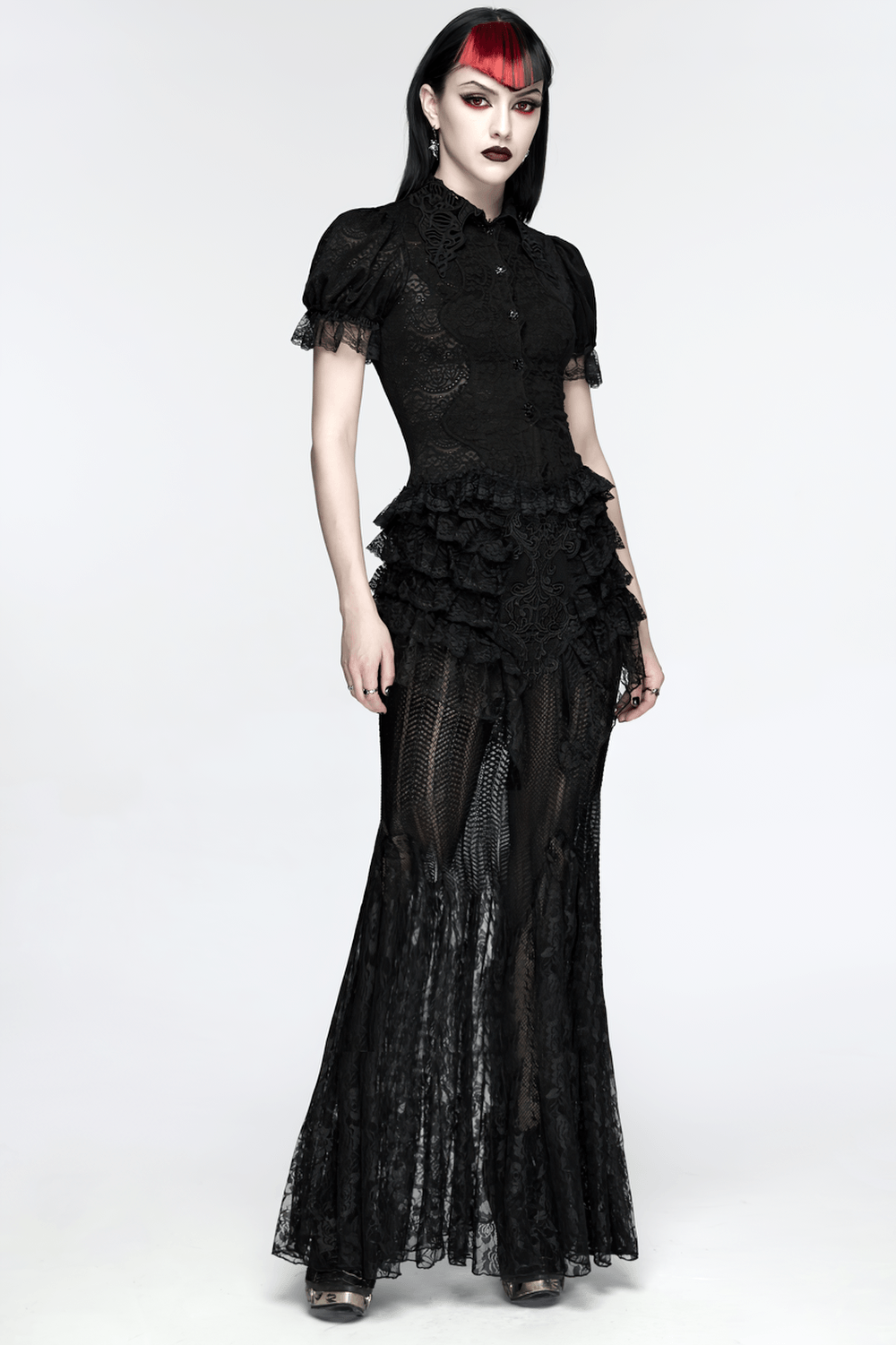 Black Gothic Mermaid Lace Maxi Skirt with Ruffles on a model showcasing a dramatic gothic style.