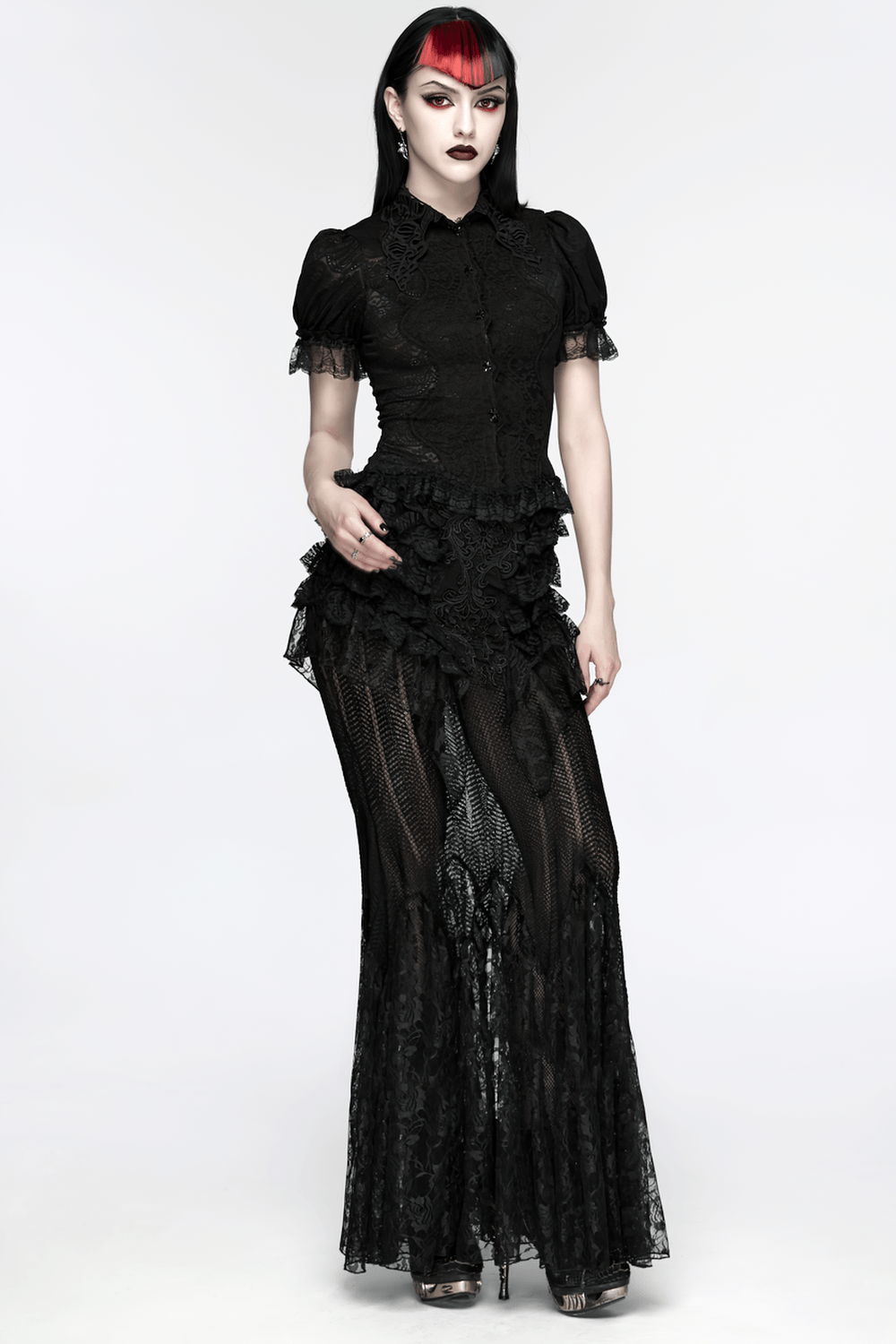 Black Gothic Mermaid Lace Maxi Skirt with Ruffles worn by model, showcasing lace details and dramatic silhouette.