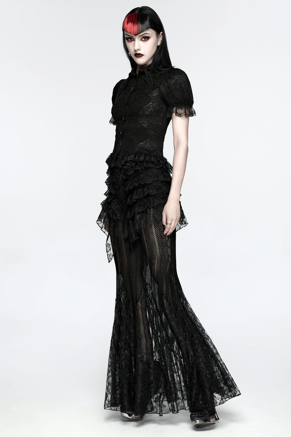 Black Gothic Mermaid Lace Maxi Skirt with Ruffles worn by a model, showcasing dramatic lace layers and ruffles.