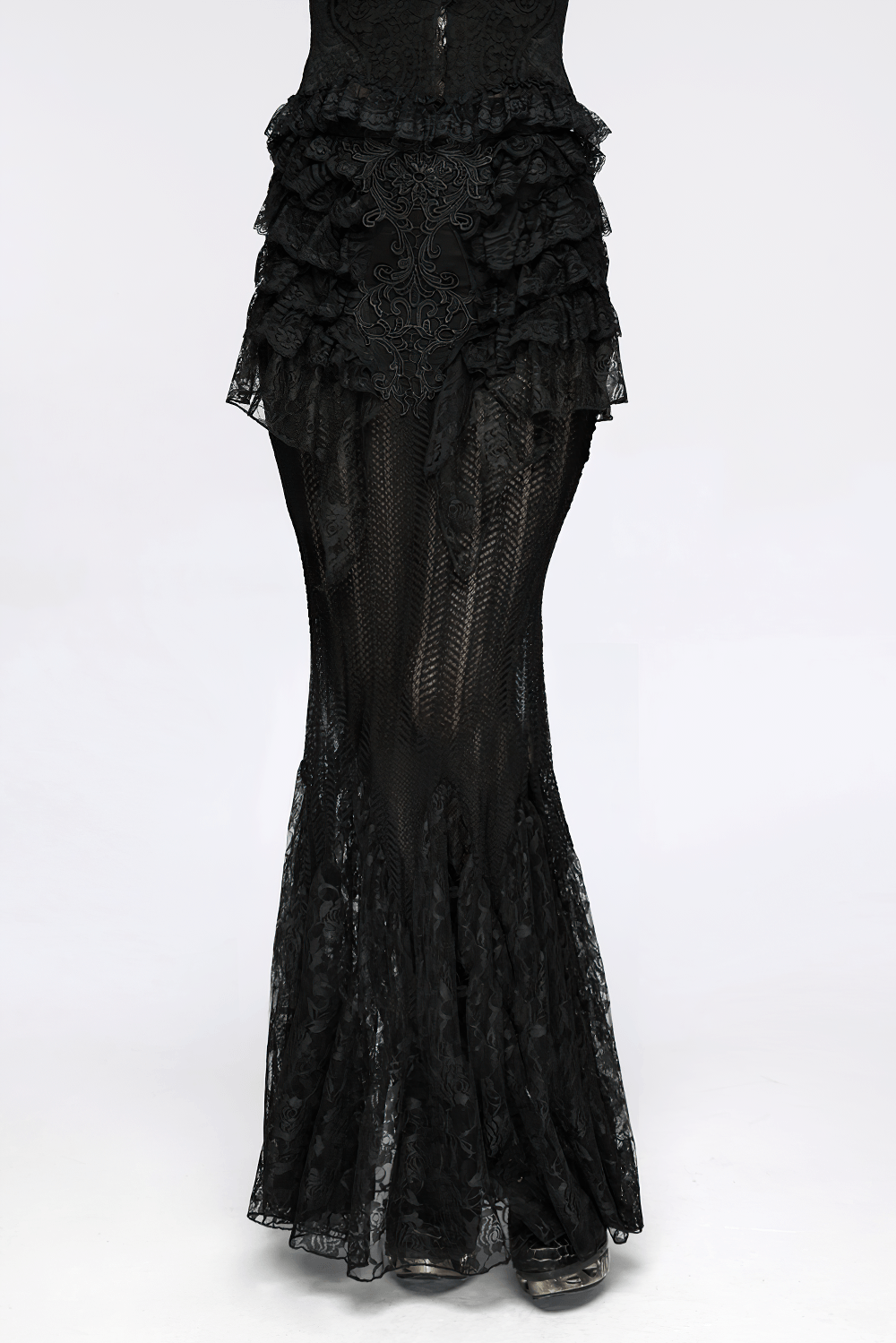 Black Gothic Mermaid Lace Maxi Skirt with Ruffles featuring ruffled layers and a sheer hem for a dramatic look.