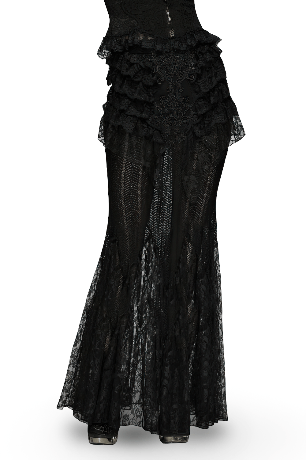 Black Gothic Mermaid Lace Maxi Skirt with Ruffles showcasing intricate lace and ruffled tiers for a dramatic silhouette.
