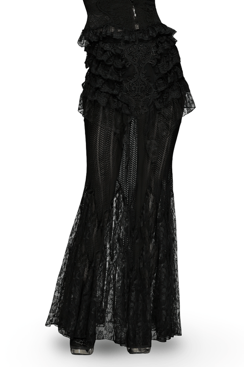 Falda Maxi de Encaje Gótico Negro Estilo Sirena con Volantes