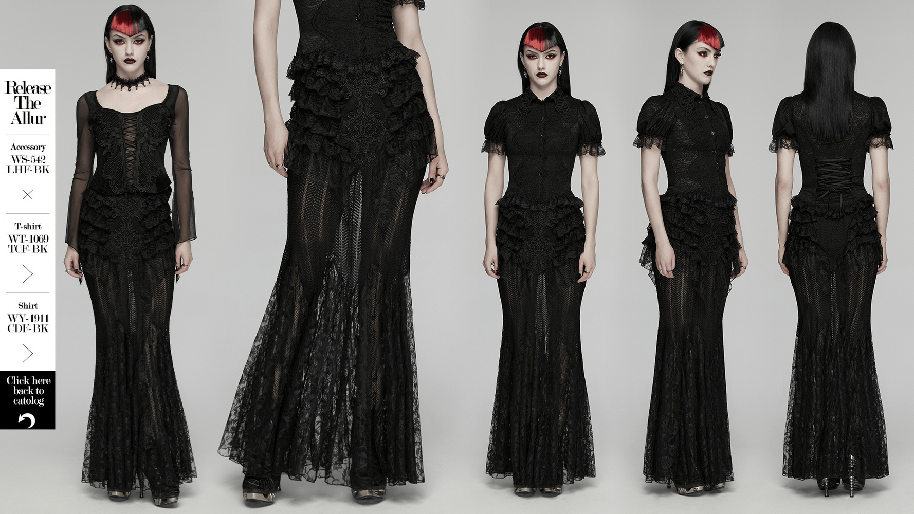 Black Gothic Mermaid Lace Maxi Skirt with Ruffles showcasing dramatic layers and ruffles, perfect for gothic evening wear.