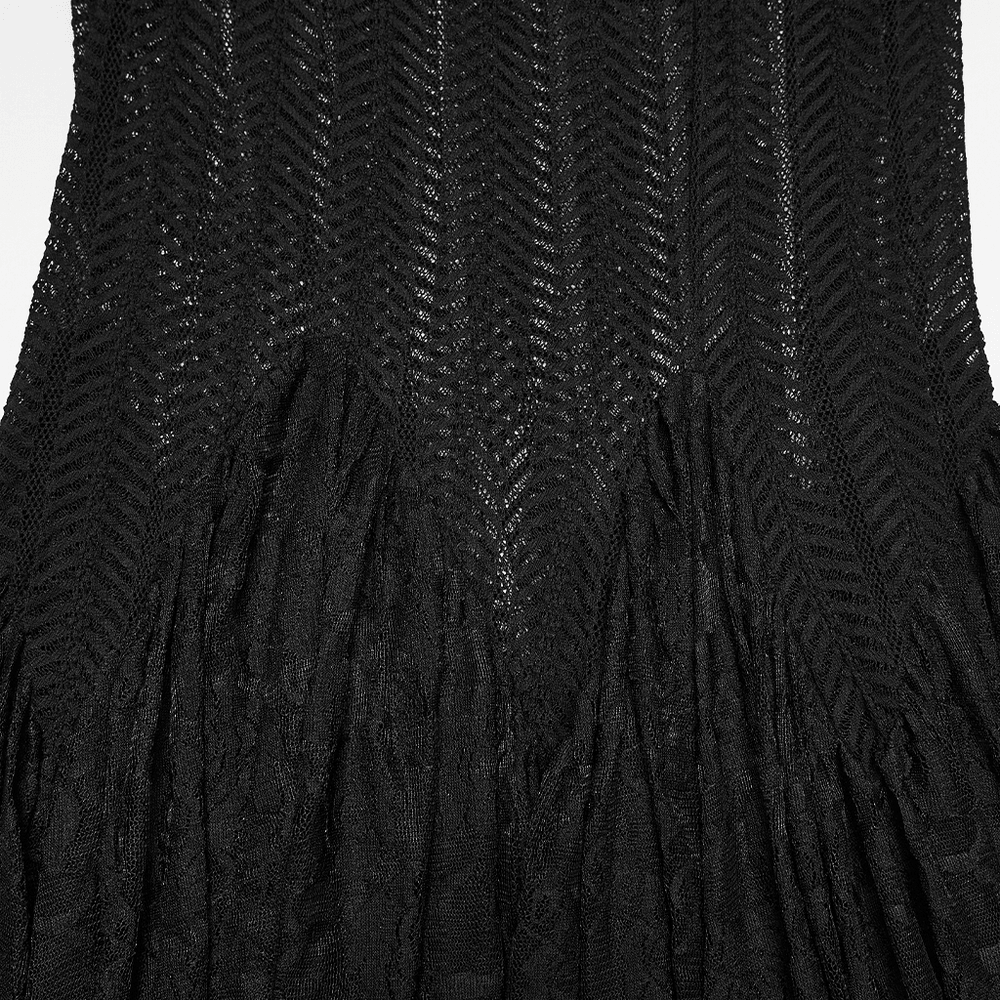 Black Gothic Mermaid Lace Maxi Skirt with Ruffles close-up of lace texture and ruffles detail.