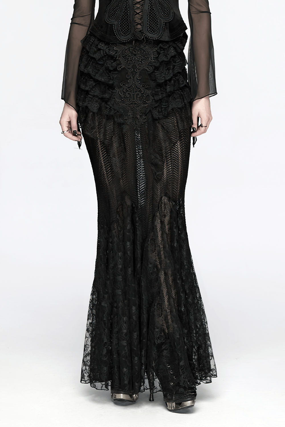 Black Gothic Mermaid Lace Maxi Skirt with Ruffles featuring layered lace and ruffles for dramatic evening wear.