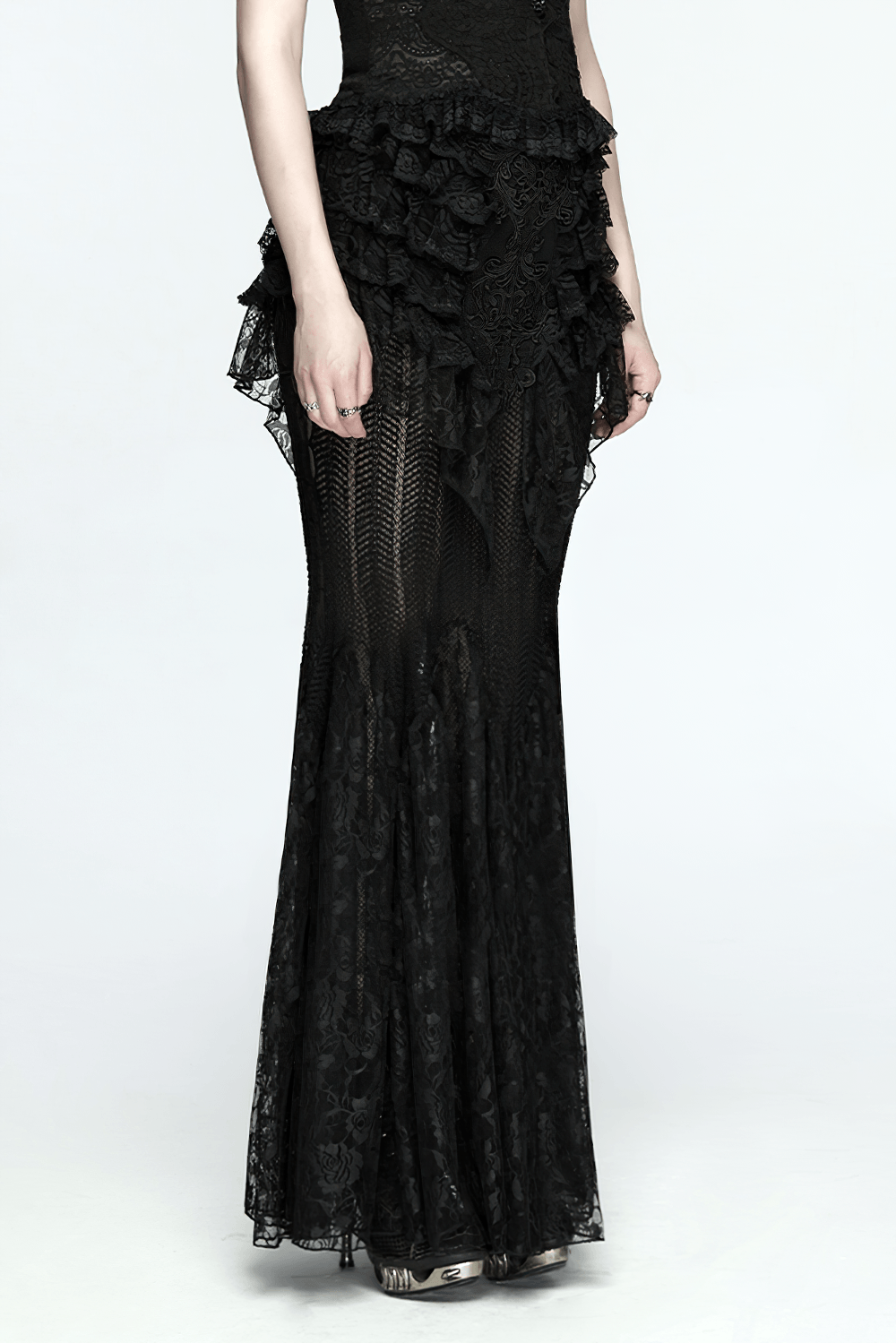 Black Gothic Mermaid Lace Maxi Skirt with Ruffles showcasing a dramatic tiered Victorian hem and ruffled lace design.