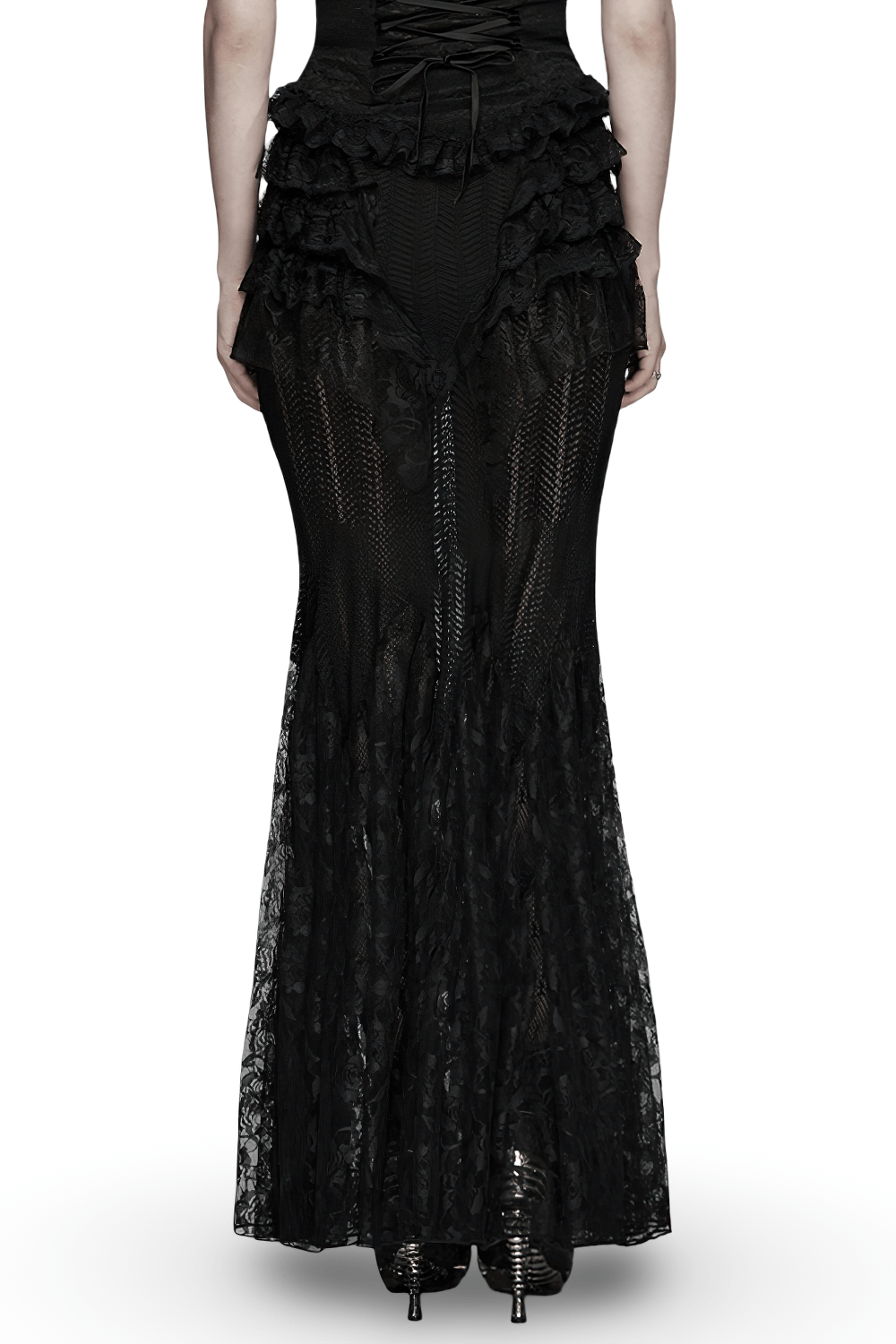 Black Gothic Mermaid Lace Maxi Skirt with Ruffles, showcasing intricate lace and ruffled design from the back.