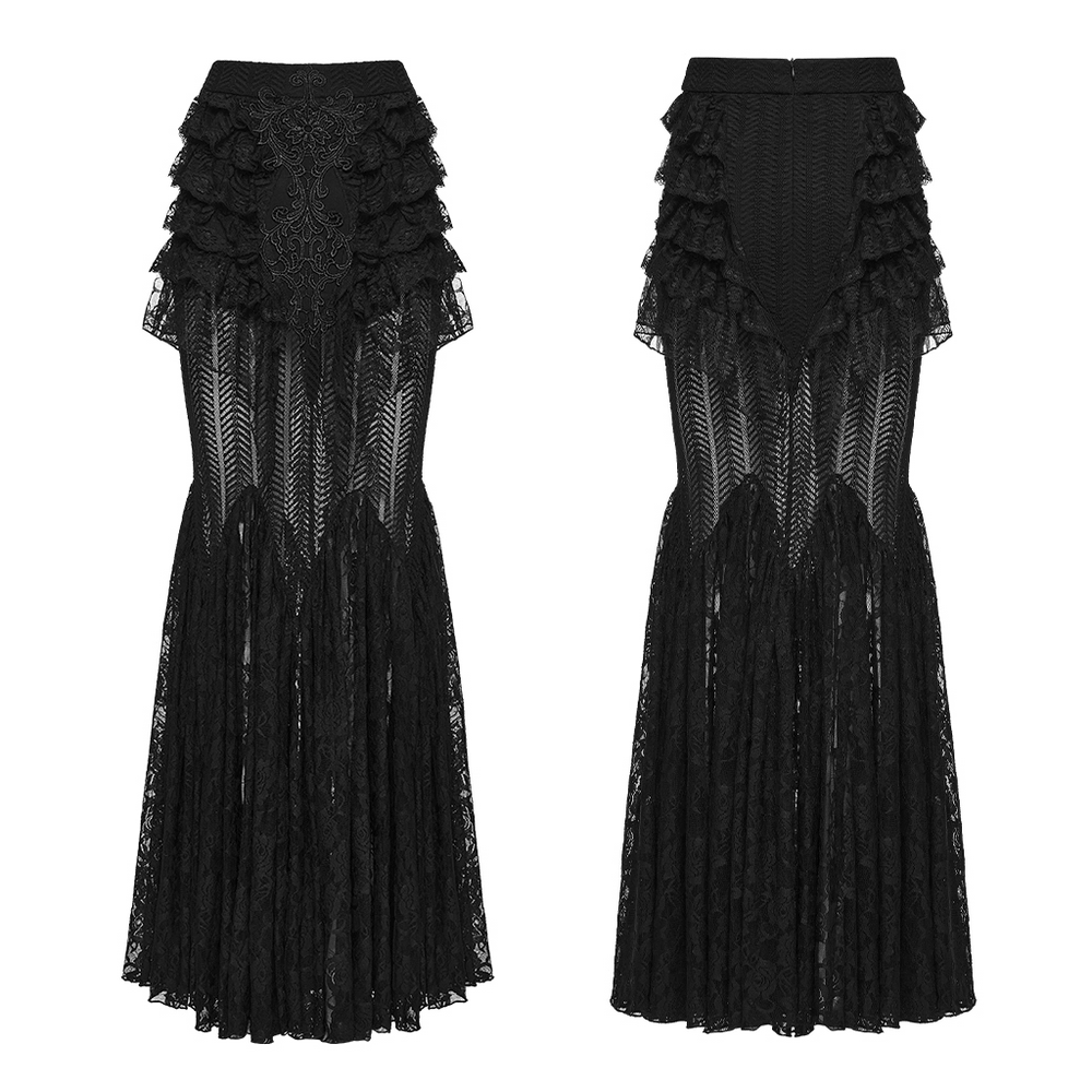 Black Gothic Mermaid Lace Maxi Skirt with Ruffles featuring intricate lace details and dramatic ruffles.