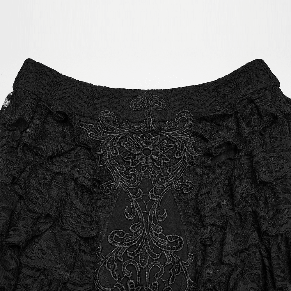 Black Gothic Mermaid Lace Maxi Skirt with Ruffles close-up showing intricate lace and floral appliqué details.