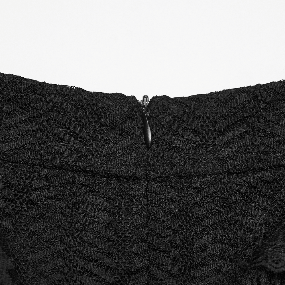 Black Gothic Mermaid Lace Maxi Skirt with Ruffles back zipper detail showcasing intricate lace texture.