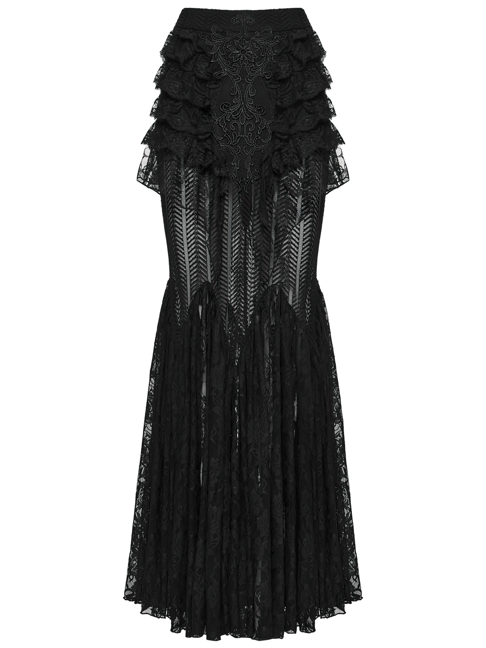 Black Gothic Mermaid Lace Maxi Skirt with Ruffles featuring ruffled layers and sheer mermaid hem.