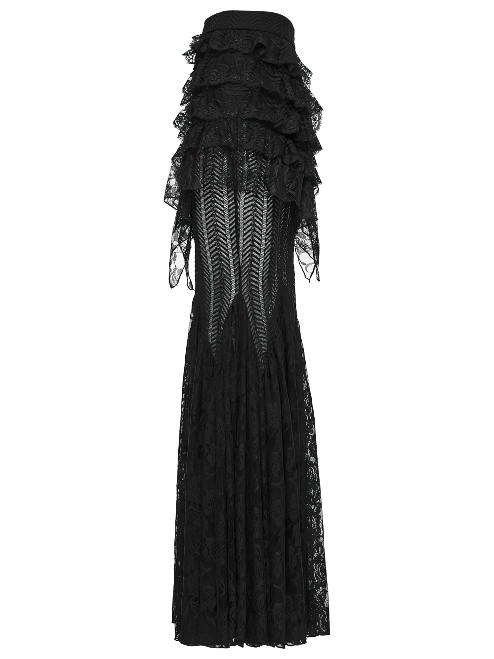 Black Gothic Mermaid Lace Maxi Skirt with Ruffles featuring layered lace and dramatic mermaid hem.