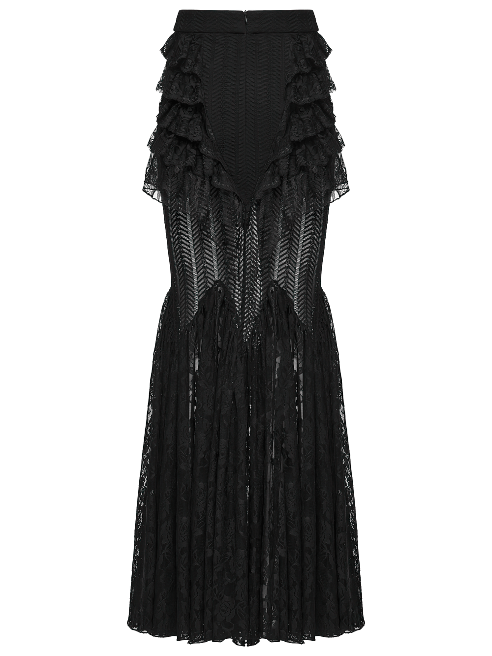 Black Gothic Mermaid Lace Maxi Skirt with Ruffles showcasing intricate lace and ruffled tiers for a dramatic look.