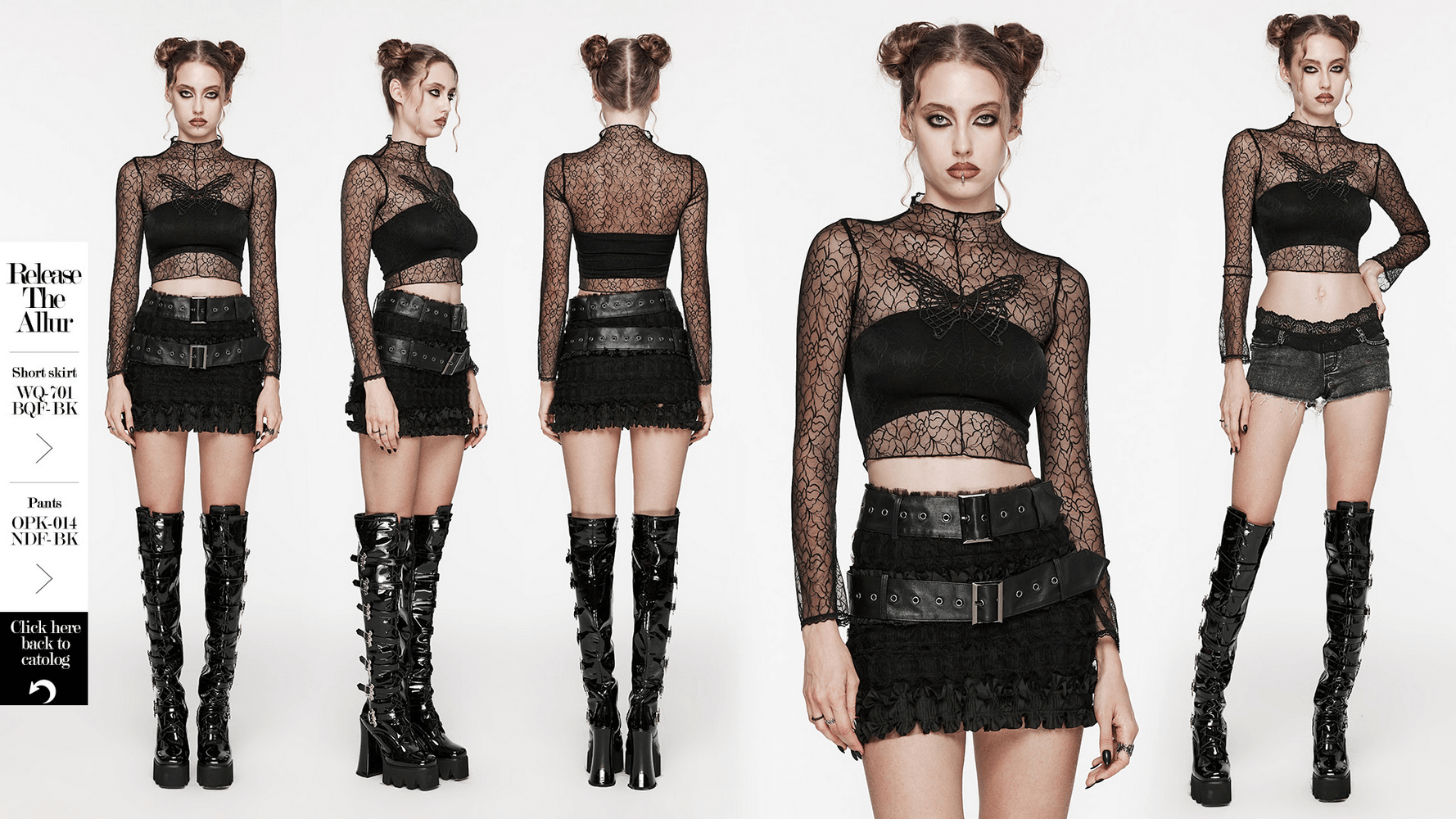 Black gothic mesh butterfly long sleeve crop top styled with a mini skirt and knee-high boots for a striking goth look.