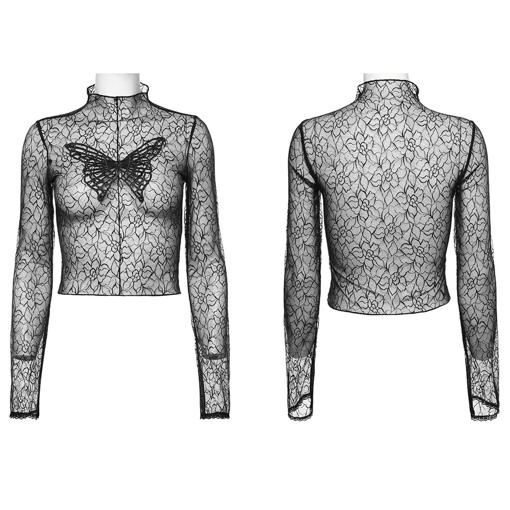 Black gothic mesh butterfly long sleeve crop top featuring floral pattern and sheer design.