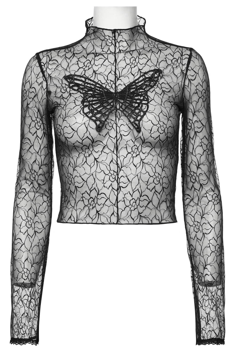 Black gothic mesh butterfly long sleeve crop top with sheer floral design and intricate embroidered butterfly detail.