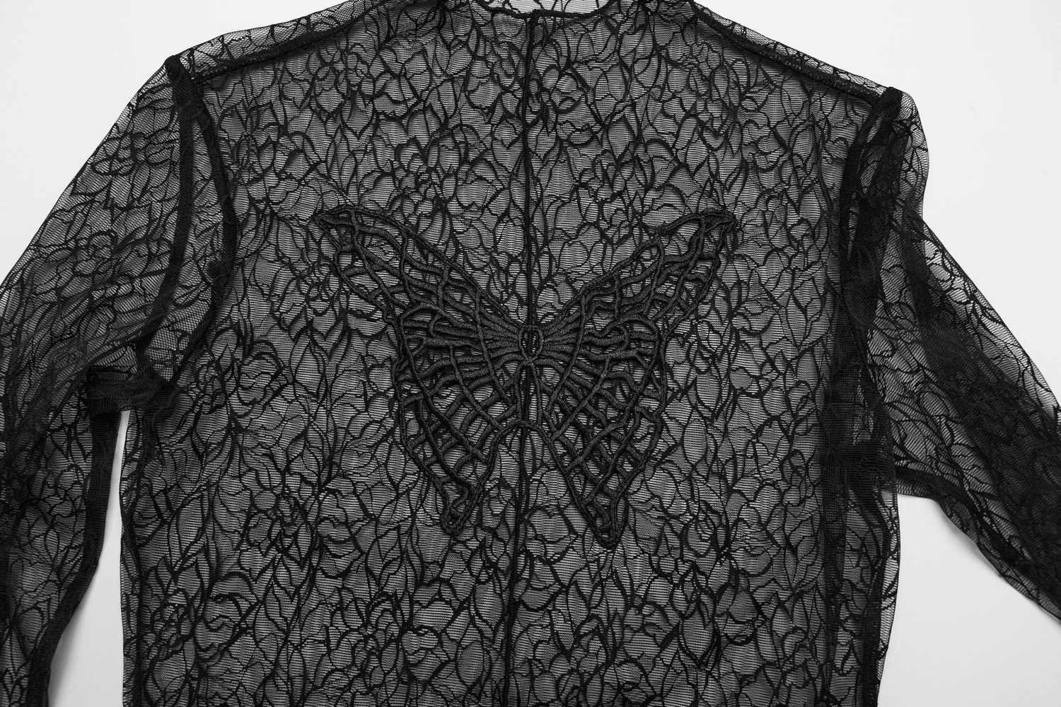 Back view of a black gothic mesh top featuring intricate butterfly embroidery on sheer lace fabric.