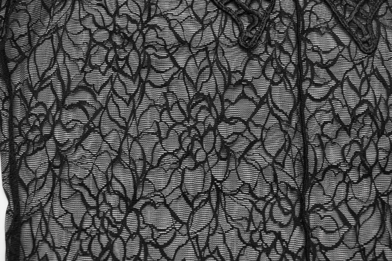 Black floral pattern mesh fabric showcasing intricate details for gothic fashion.