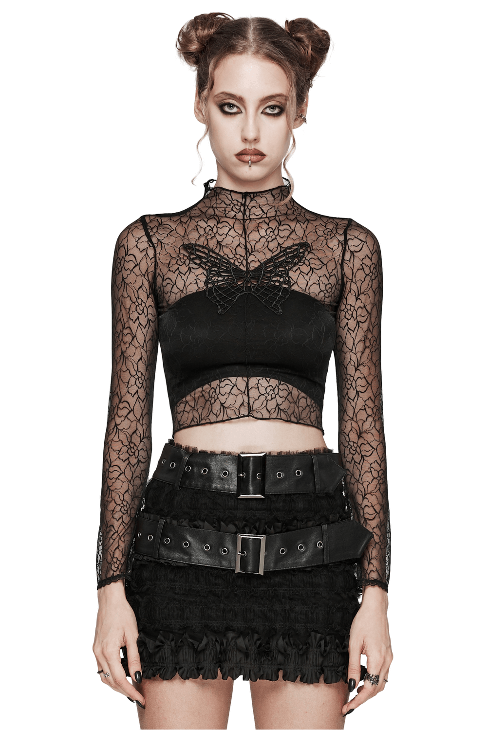 Black Gothic Mesh Butterfly Long Sleeve Crop Top with sheer design and butterfly embroidery, perfect for edgy outfits.