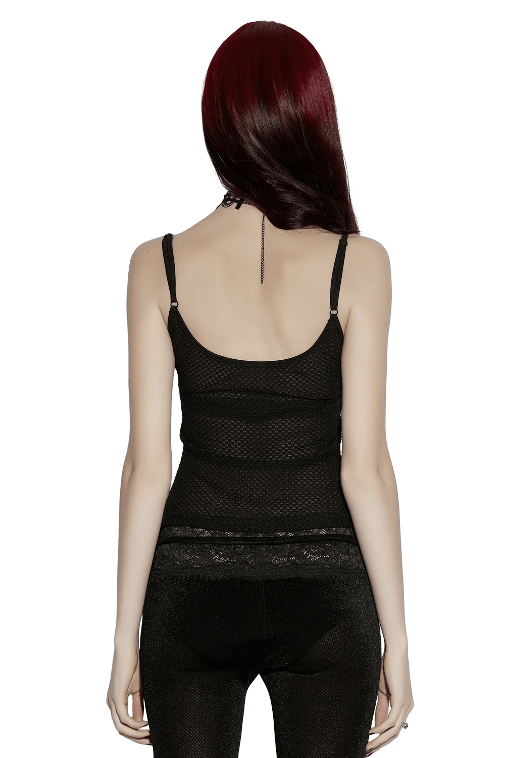 Alt Tag: Back view of model wearing Black Gothic Mesh Camisole with Moon Charm Detail, sheer fish scale mesh straps, fitted alternative goth top