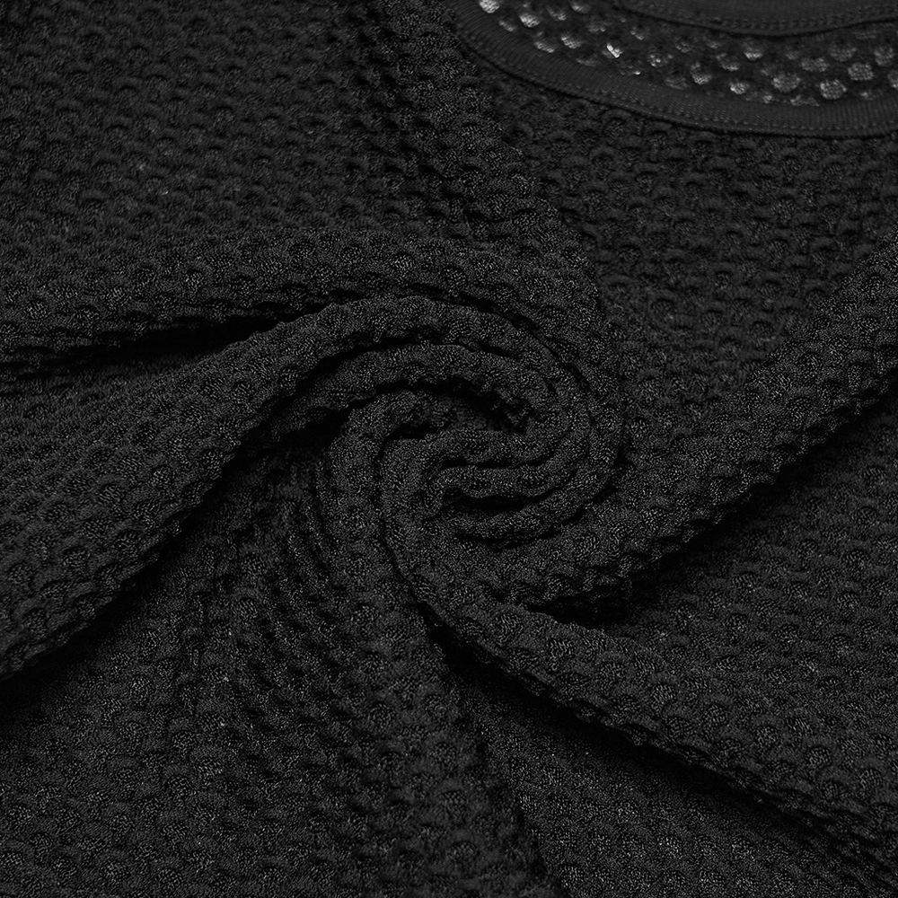 Alt Tag: Black Gothic Mesh Camisole with Moon Charm Detail close-up of soft fish scale mesh and ribbed fabric—mysteriously comfy