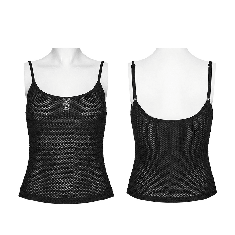 Alt Tag: Black Gothic Mesh Camisole with Moon Charm Detail front and back view, fish scale mesh, fitted silhouette, occult moon charm
