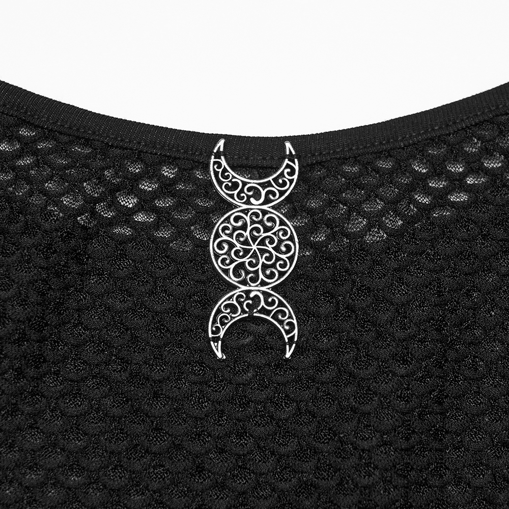 Alt Tag: Black Gothic Mesh Camisole with Moon Charm Detail close-up, fish scale mesh neckline with silver triple-moon charm for occult goth vibes