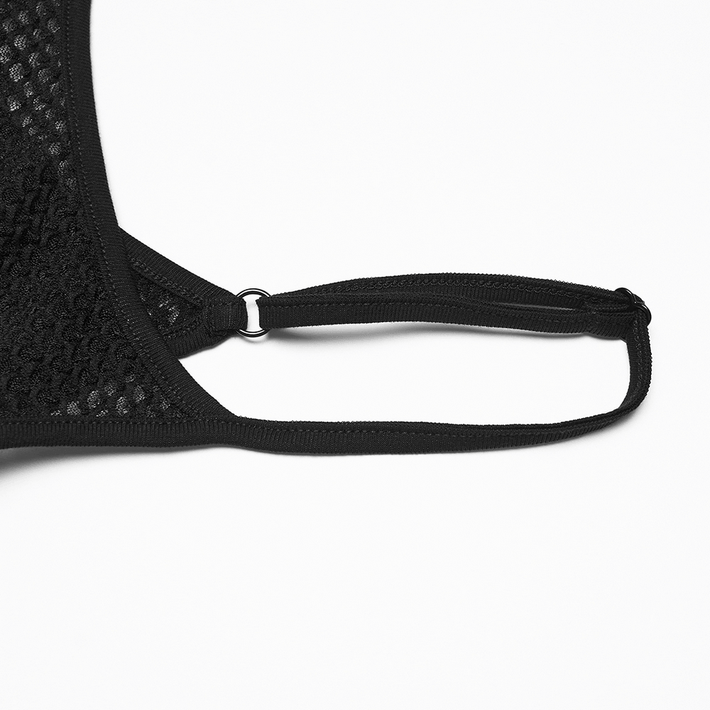 Alt Tag: Black Gothic Mesh Camisole with Moon Charm Detail close-up of black fish scale mesh and adjustable strap hardware—sleek, spooky-chic