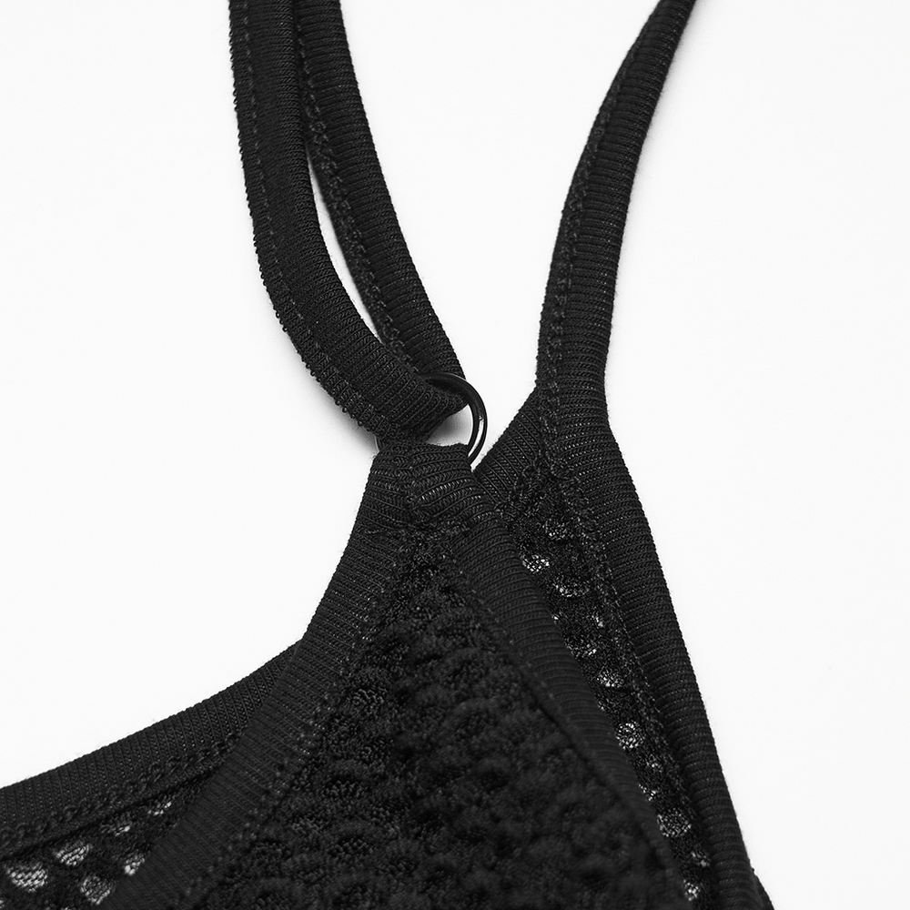 Alt Tag: Black Gothic Mesh Camisole with Moon Charm Detail close-up of adjustable straps and fish scale mesh texture for dark daily gothic style