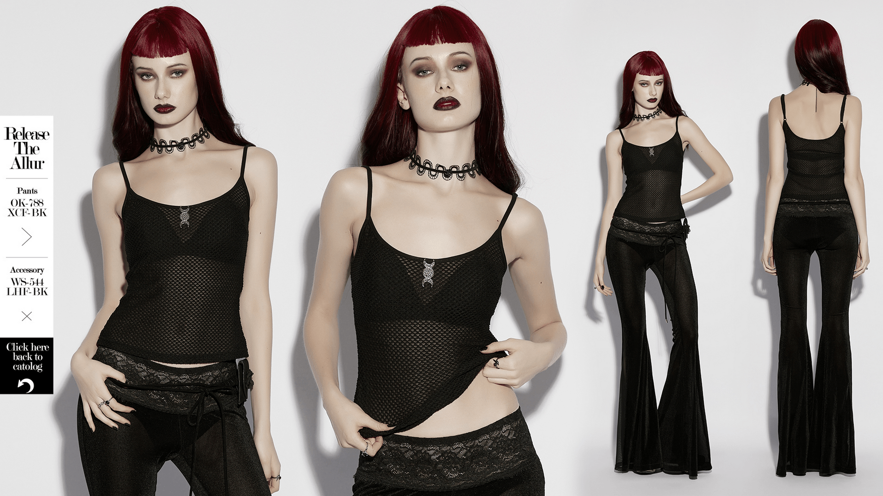 Alt Tag: Black Gothic Mesh Camisole with Moon Charm Detail on model, sheer fish scale mesh fitted silhouette with occult moon charm