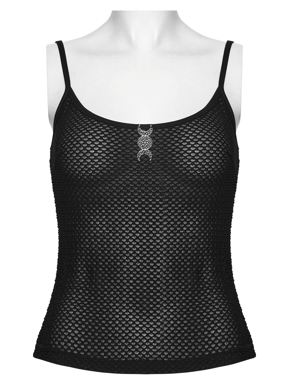 Alt Tag: Black Gothic Mesh Camisole with Moon Charm Detail fish scale mesh fitted sheer ribbed straps occult moon charm top