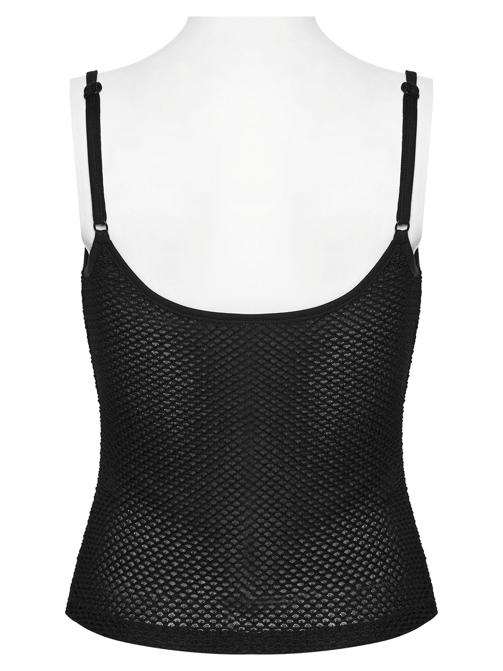 Alt Tag: Black Gothic Mesh Camisole with Moon Charm Detail in black fish scale mesh, fitted silhouette with adjustable straps—darkly dreamy layering staple